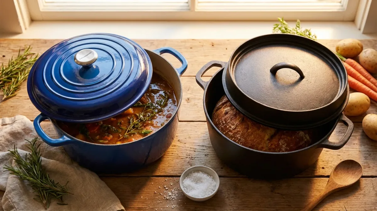 Enameled cast iron dutch oven vs bare cast iron