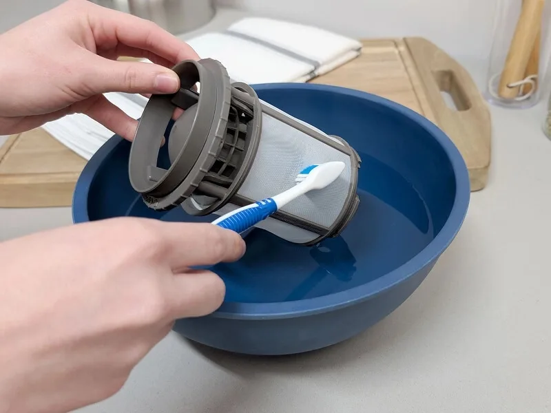 scrubbing dishwasher filter with brush